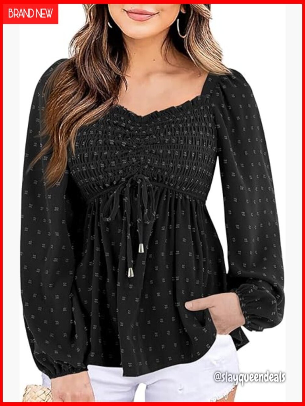 V-Neck Peplum Top with Balloon Sleeves and Smocked Detail